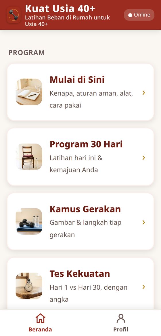 Tangkapan layar aplikasi Kuat Usia 40+