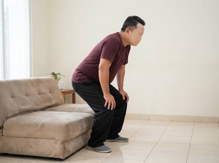 Pria usia 40-an bangun dari sofa sambil bertumpu tangan